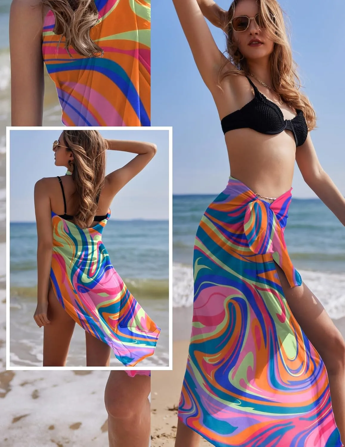 Ekouaer Women Sarong Swimsuit Coverups Chiffon Long Bikini Wraps Sheer Beach Bathing Suit Cover Up