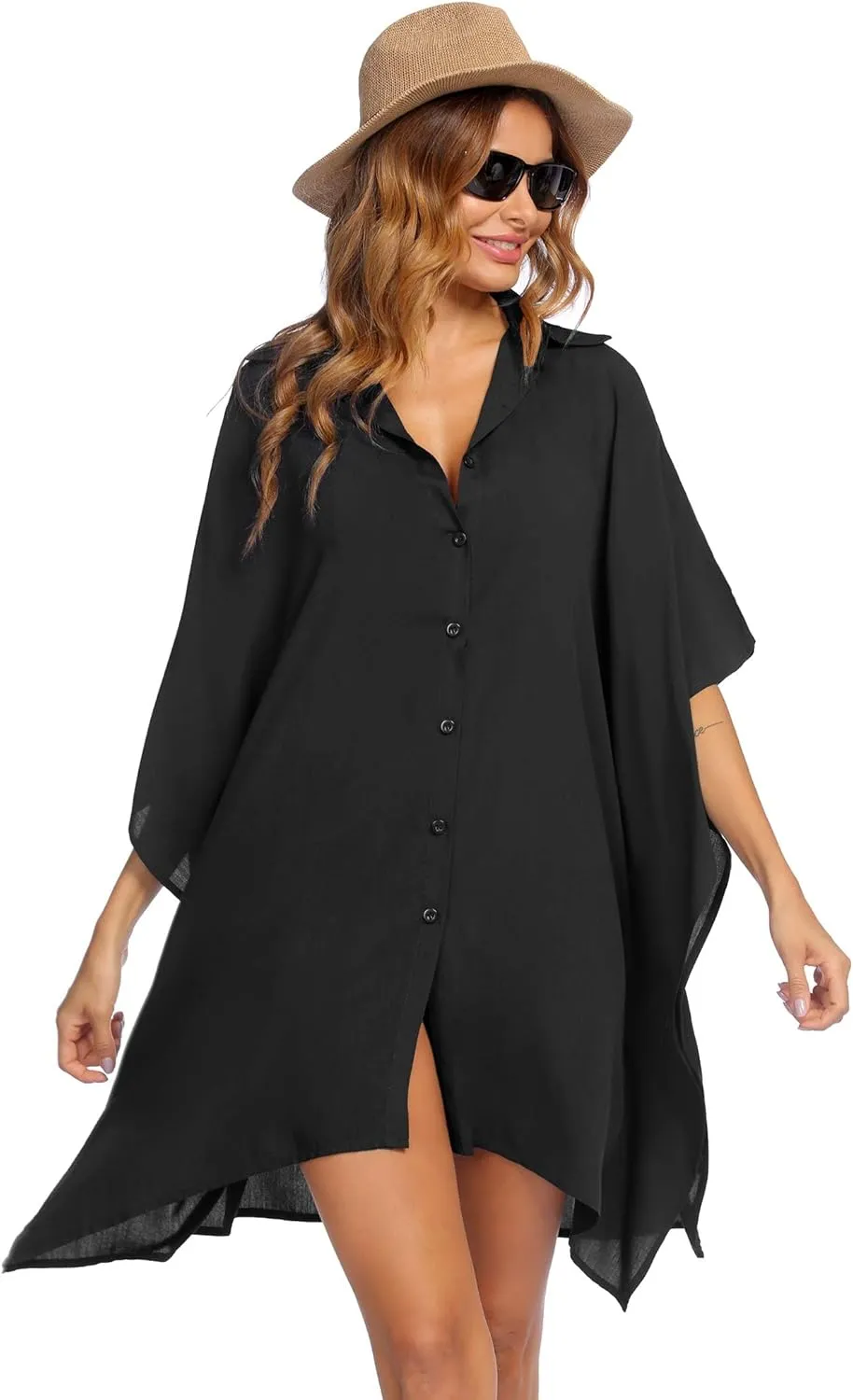 Ekouaer Women's Swimsuit Cover Up 3/4 Sleeve Beachwear Bikini Coverups Button Down Oversized Cover Up Shirt S-3XL