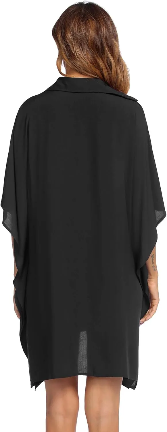 Ekouaer Women's Swimsuit Cover Up 3/4 Sleeve Beachwear Bikini Coverups Button Down Oversized Cover Up Shirt S-3XL