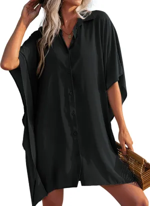 Ekouaer Women's Swimsuit Cover Up 3/4 Sleeve Beachwear Bikini Coverups Button Down Oversized Cover Up Shirt S-3XL