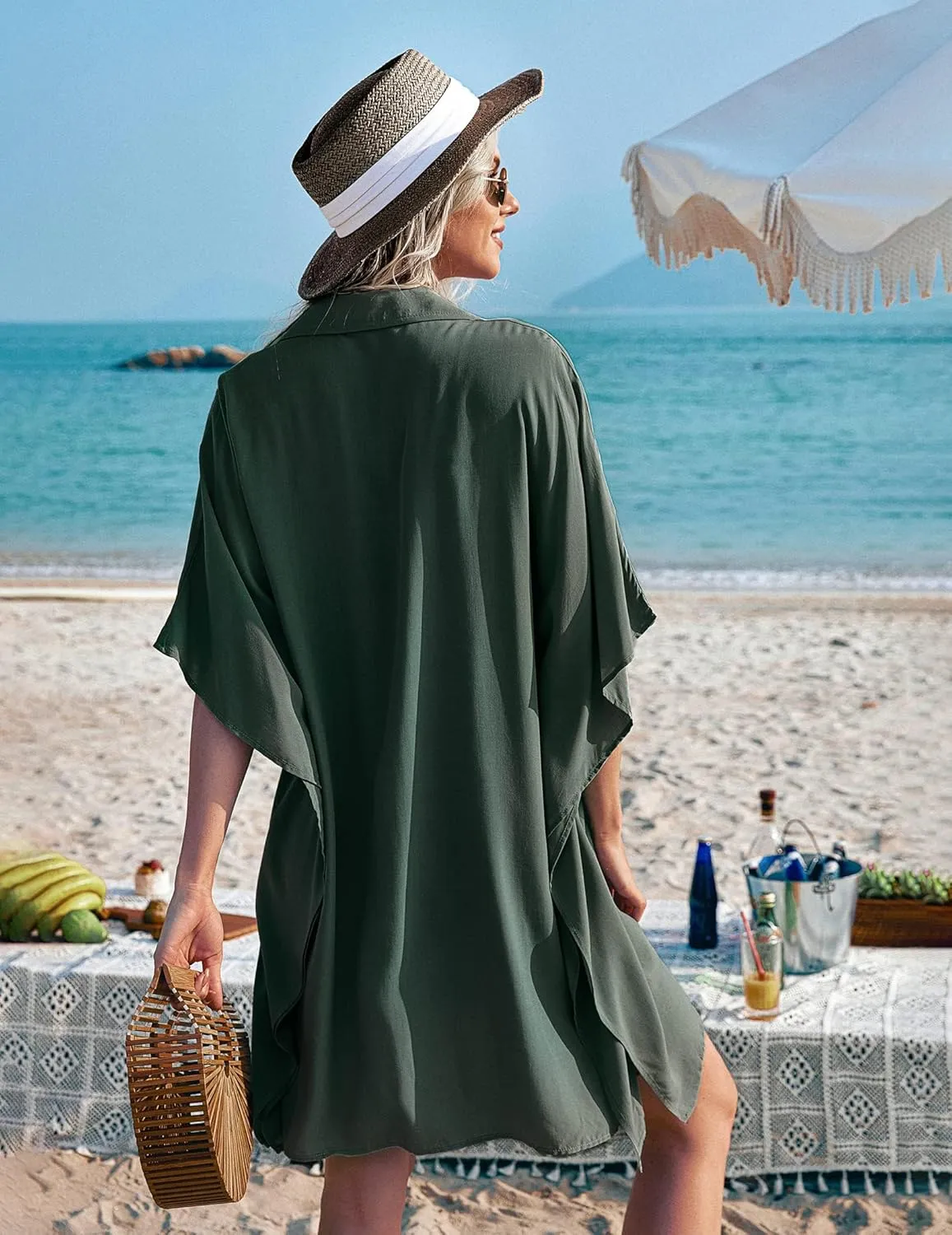 Ekouaer Women's Swimsuit Cover Up 3/4 Sleeve Beachwear Bikini Coverups Button Down Oversized Cover Up Shirt S-3XL