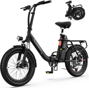 Electric Bike, 20" Fat Tire Step-Thru Electric Bicycle, 900W Peak Motor 45 Miles 20MPH Top Speed, Dual Suspension & 7-Speed Folding Ebike for Adults with Rear Rack
