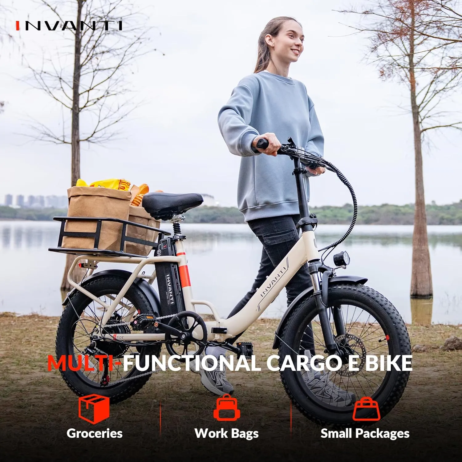 Electric Bike, 20" Fat Tire Step-Thru Electric Bicycle, 900W Peak Motor 45 Miles 20MPH Top Speed, Dual Suspension & 7-Speed Folding Ebike for Adults with Rear Rack