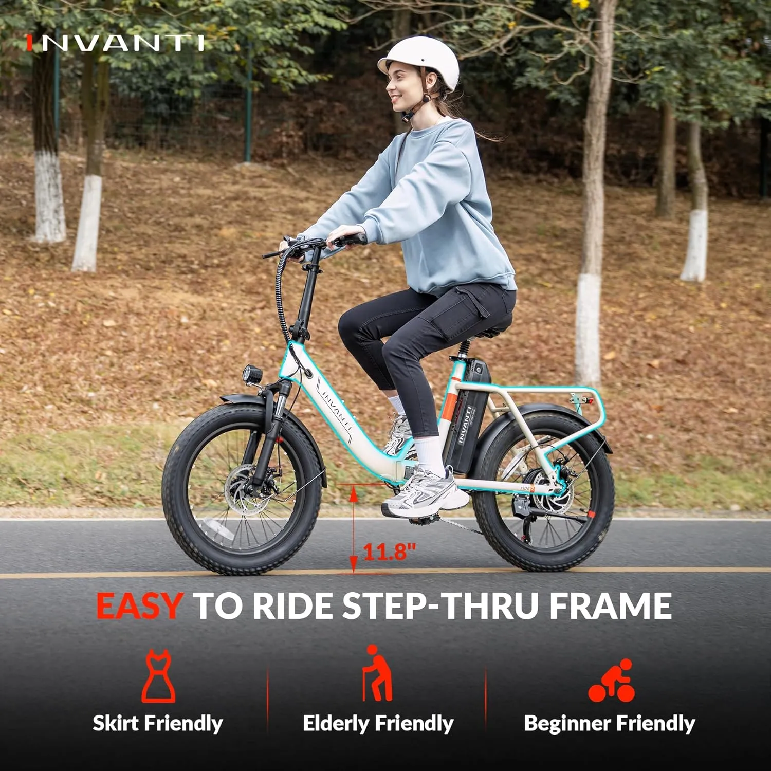 Electric Bike, 20" Fat Tire Step-Thru Electric Bicycle, 900W Peak Motor 45 Miles 20MPH Top Speed, Dual Suspension & 7-Speed Folding Ebike for Adults with Rear Rack