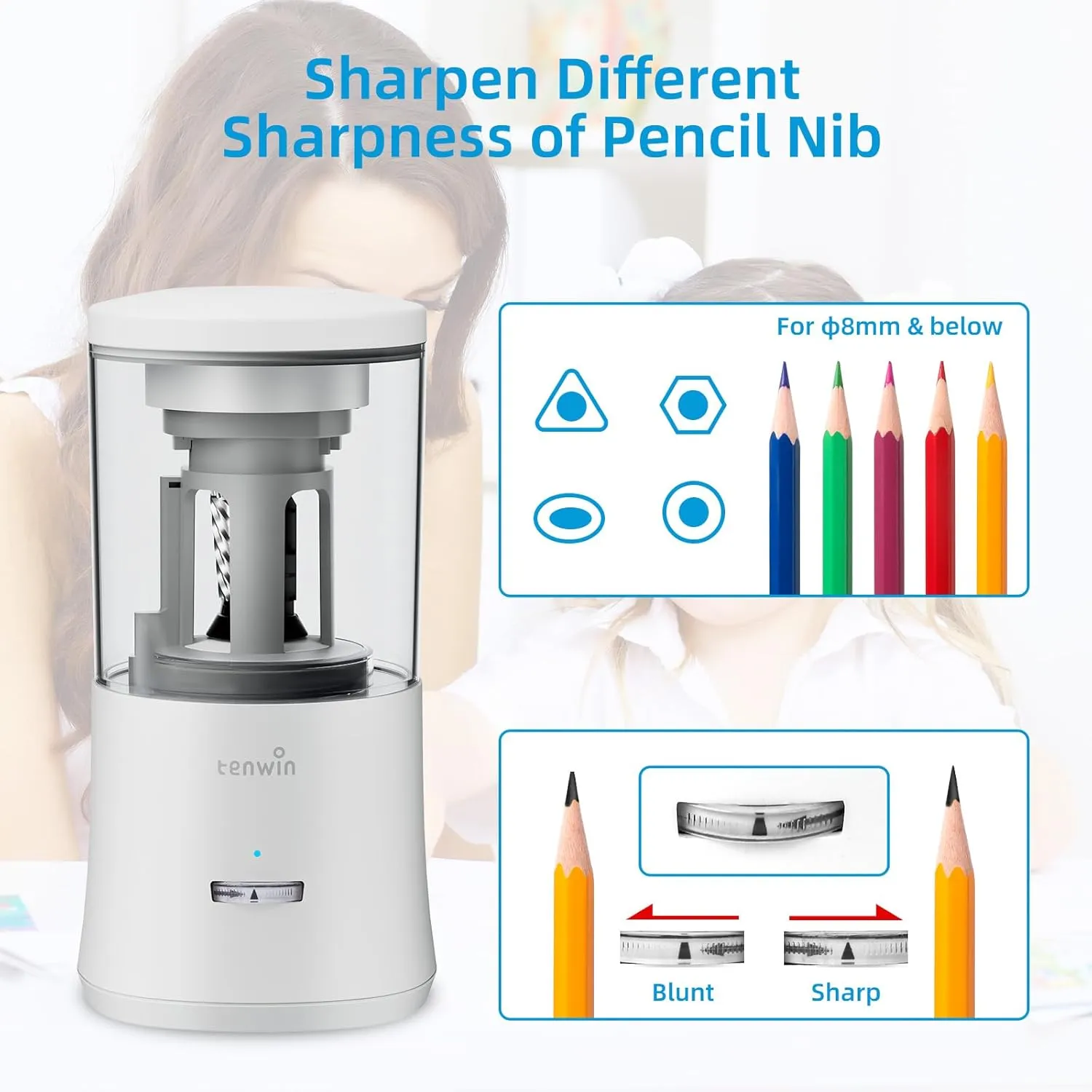 Electric Pencil Sharpener, Fully Automatic Pencil Sharpener for 6-8mm Colored Pencils, Hands-Free Rechargeable Sharpener, Fast Sharpening, No Uneven Tips, Also for Short Pencils, White