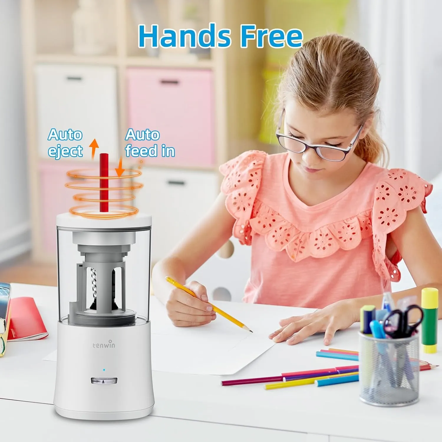 Electric Pencil Sharpener, Fully Automatic Pencil Sharpener for 6-8mm Colored Pencils, Hands-Free Rechargeable Sharpener, Fast Sharpening, No Uneven Tips, Also for Short Pencils, White