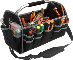 Electrician Open Top Tool Tote Bag, Electric Tool Carrier Carrying with 21 External Pockets for Plumbers, Bolsa De Herramientas Para Electricista with Steel Handle and Shoulder Strap