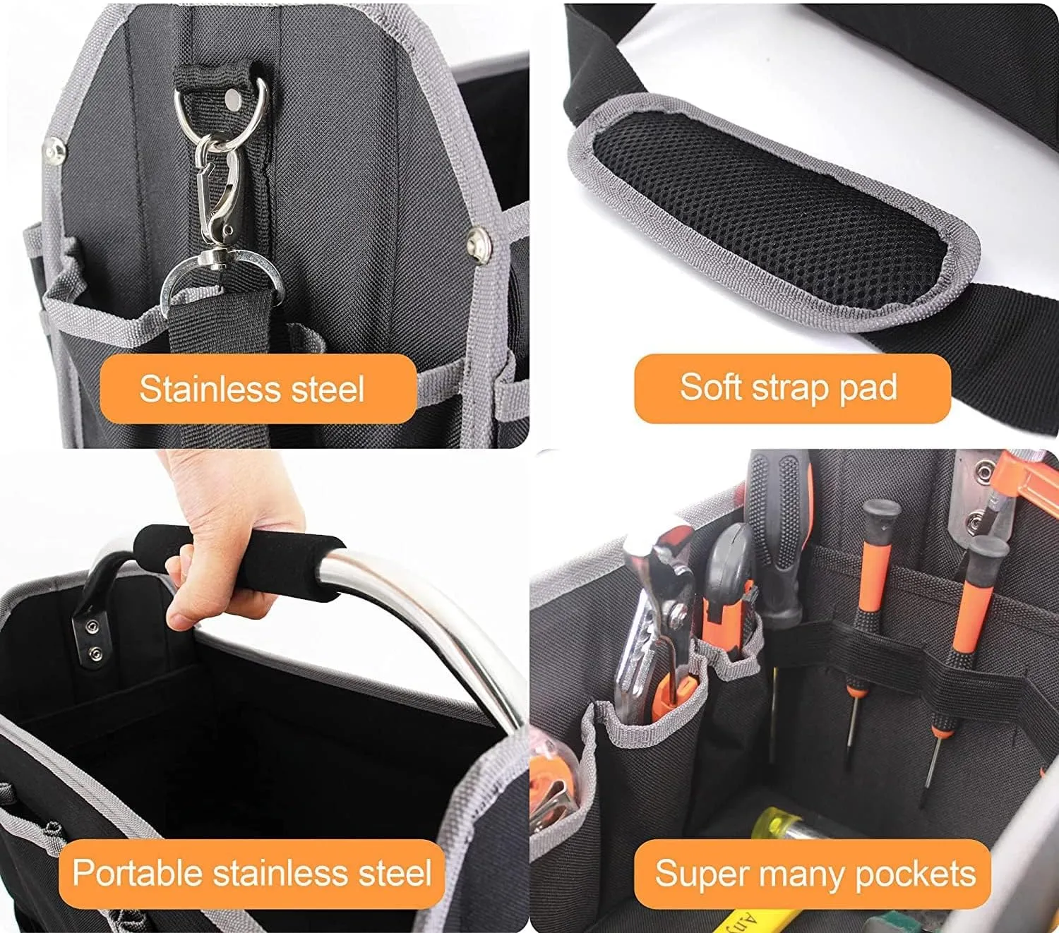 Electrician Open Top Tool Tote Bag, Electric Tool Carrier Carrying with 21 External Pockets for Plumbers, Bolsa De Herramientas Para Electricista with Steel Handle and Shoulder Strap