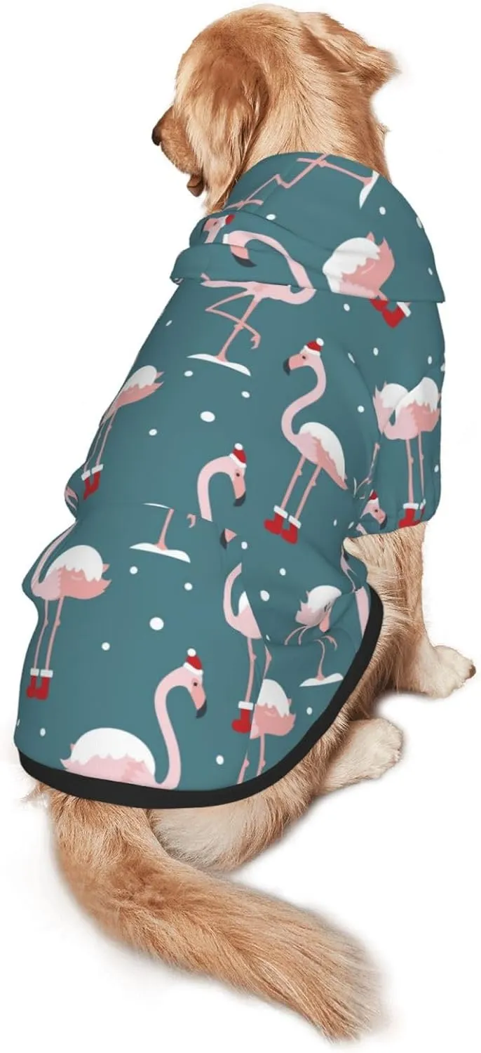 Elegant Flamingo Wearing A Christmas Hat Dog Hoodie Soft and Warm Dog Hoodie Sweater with Leash Hole and Pocket Dog Winter Sweatshirt Warm Pet Clothes for Medium Large Dogs