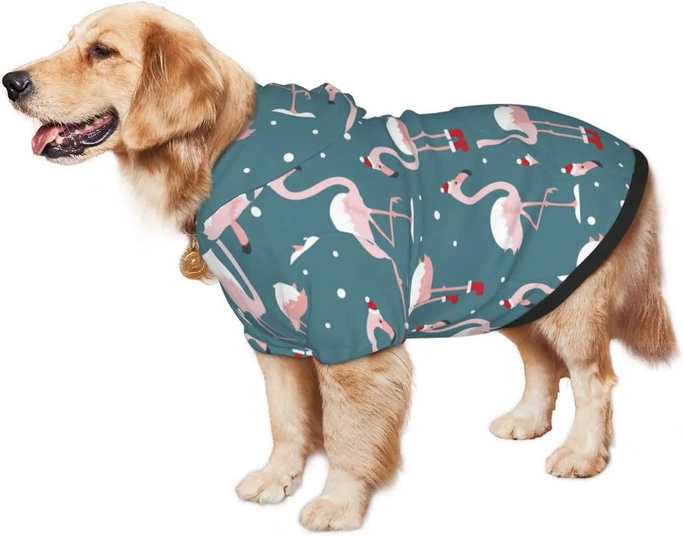 Elegant Flamingo Wearing A Christmas Hat Dog Hoodie Soft and Warm Dog Hoodie Sweater with Leash Hole and Pocket Dog Winter Sweatshirt Warm Pet Clothes for Medium Large Dogs
