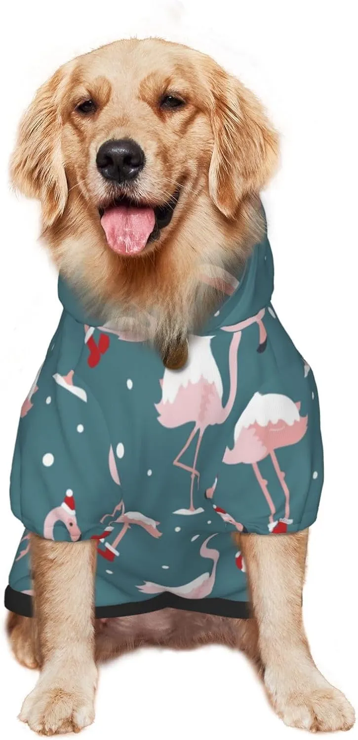 Elegant Flamingo Wearing A Christmas Hat Dog Hoodie Soft and Warm Dog Hoodie Sweater with Leash Hole and Pocket Dog Winter Sweatshirt Warm Pet Clothes for Medium Large Dogs