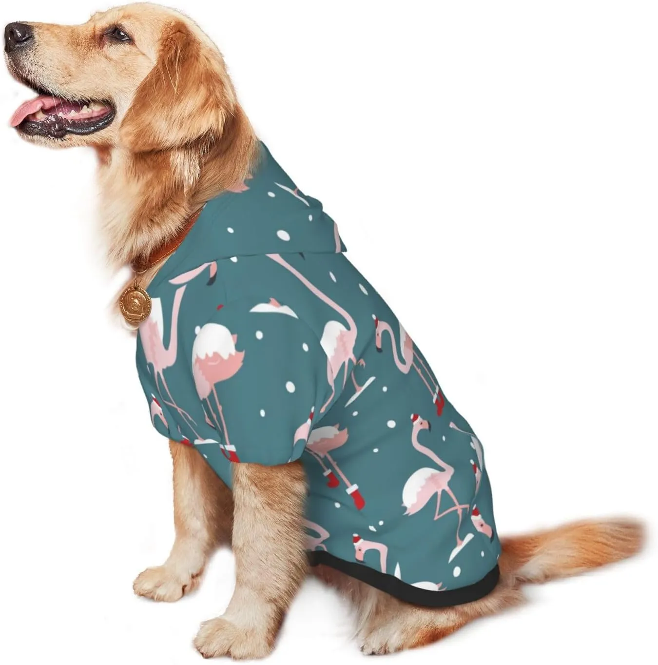 Elegant Flamingo Wearing A Christmas Hat Dog Hoodie Soft and Warm Dog Hoodie Sweater with Leash Hole and Pocket Dog Winter Sweatshirt Warm Pet Clothes for Medium Large Dogs