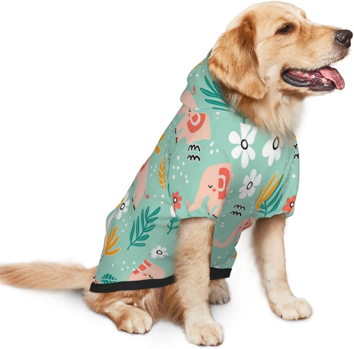 Elephant and Flowers Dog Hoodie Soft and Warm Dog Hoodie Sweater with Leash Hole and Pocket Dog Winter Sweatshirt Warm Pet Clothes for Medium Large Dogs