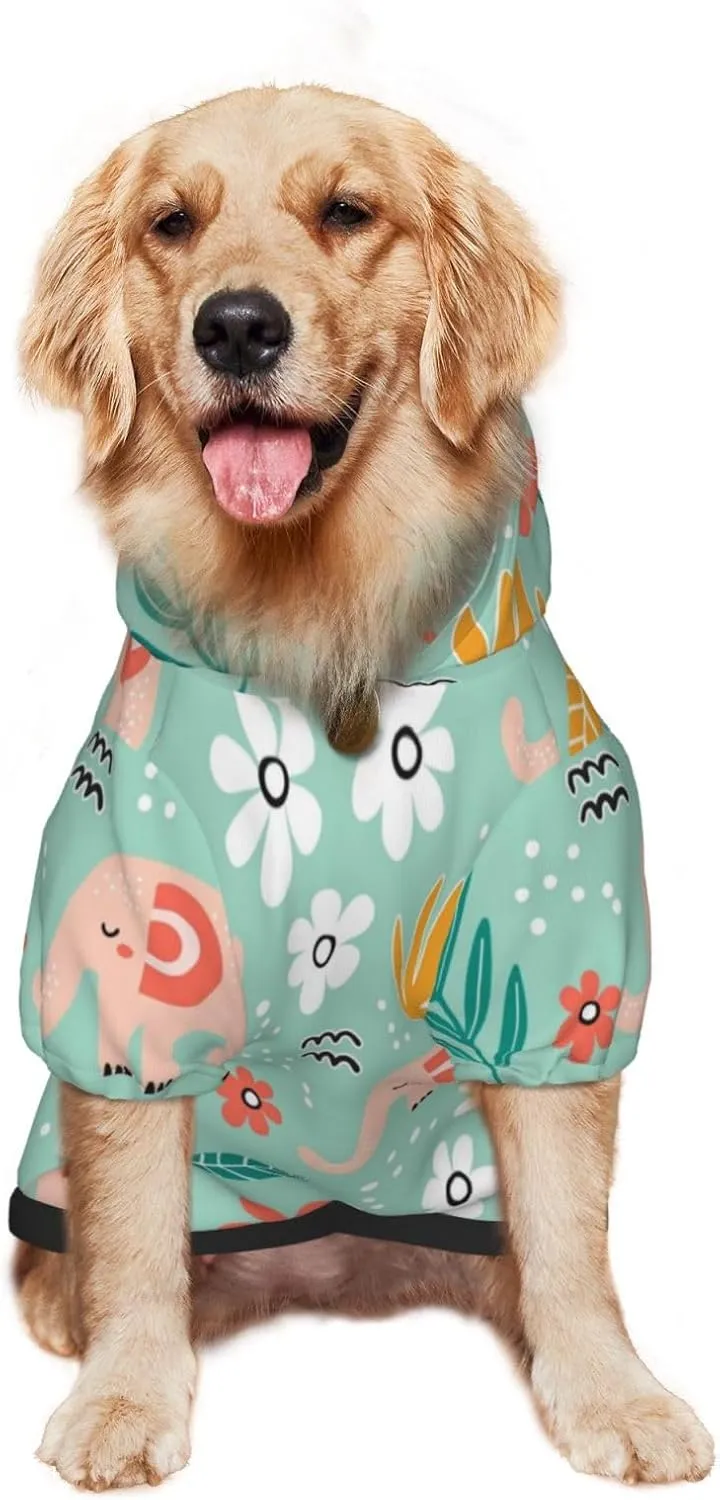 Elephant and Flowers Dog Hoodie Soft and Warm Dog Hoodie Sweater with Leash Hole and Pocket Dog Winter Sweatshirt Warm Pet Clothes for Medium Large Dogs