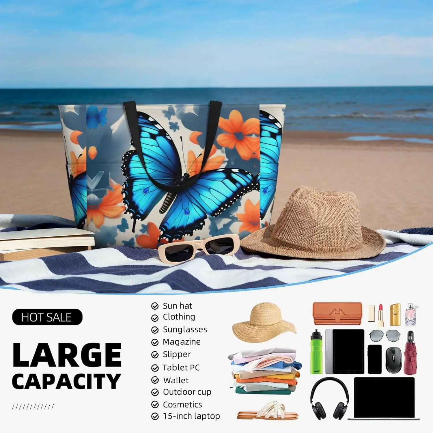 Elephant Family Large Capacity Beach Travel Bag - Waterproof Zipper Vacation Tote for Sandproof Storage, and Camping