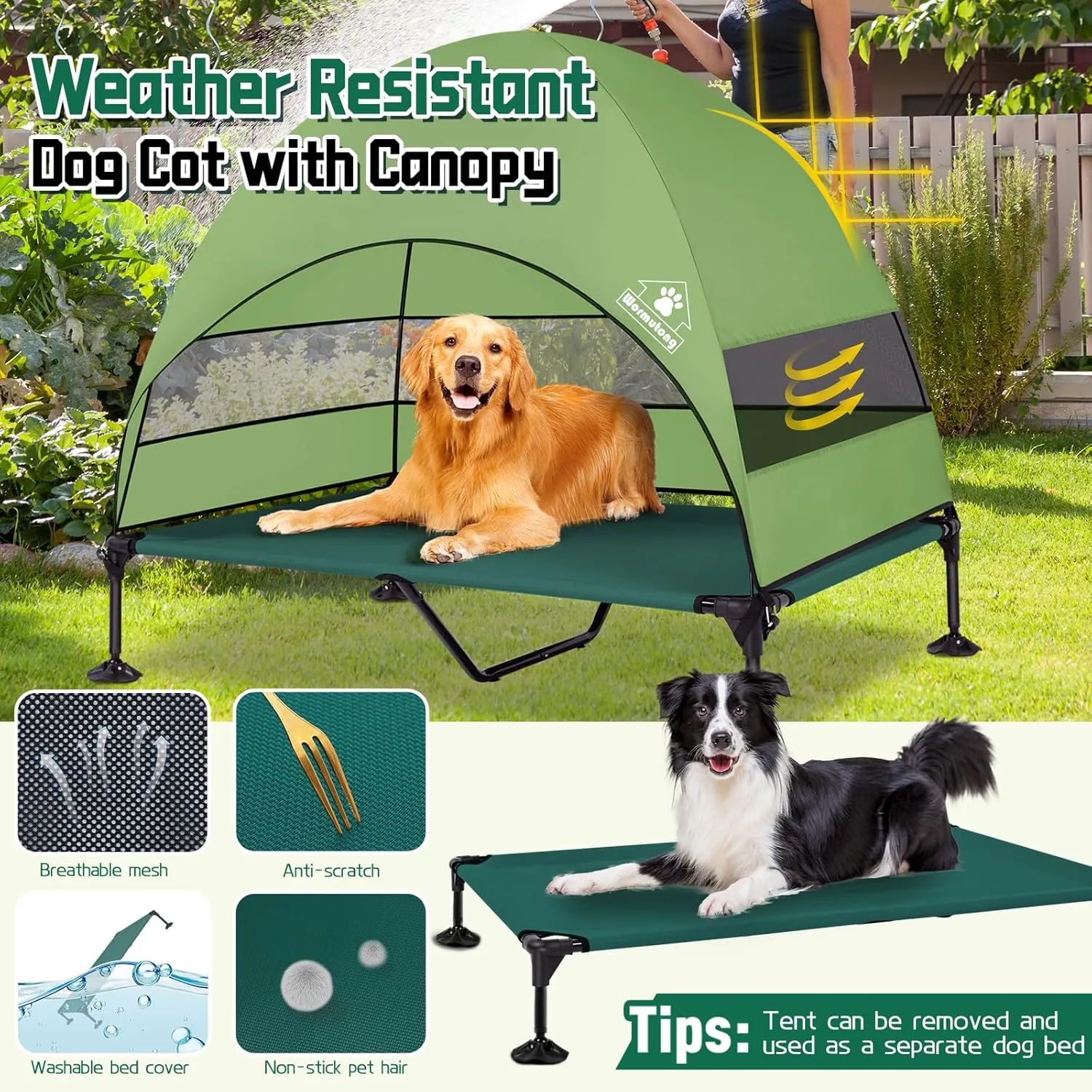 Elevated Outdoor Dog Bed with Canopy & Adjustable Feet - Larger Shade for Camping, Backyard & Patio