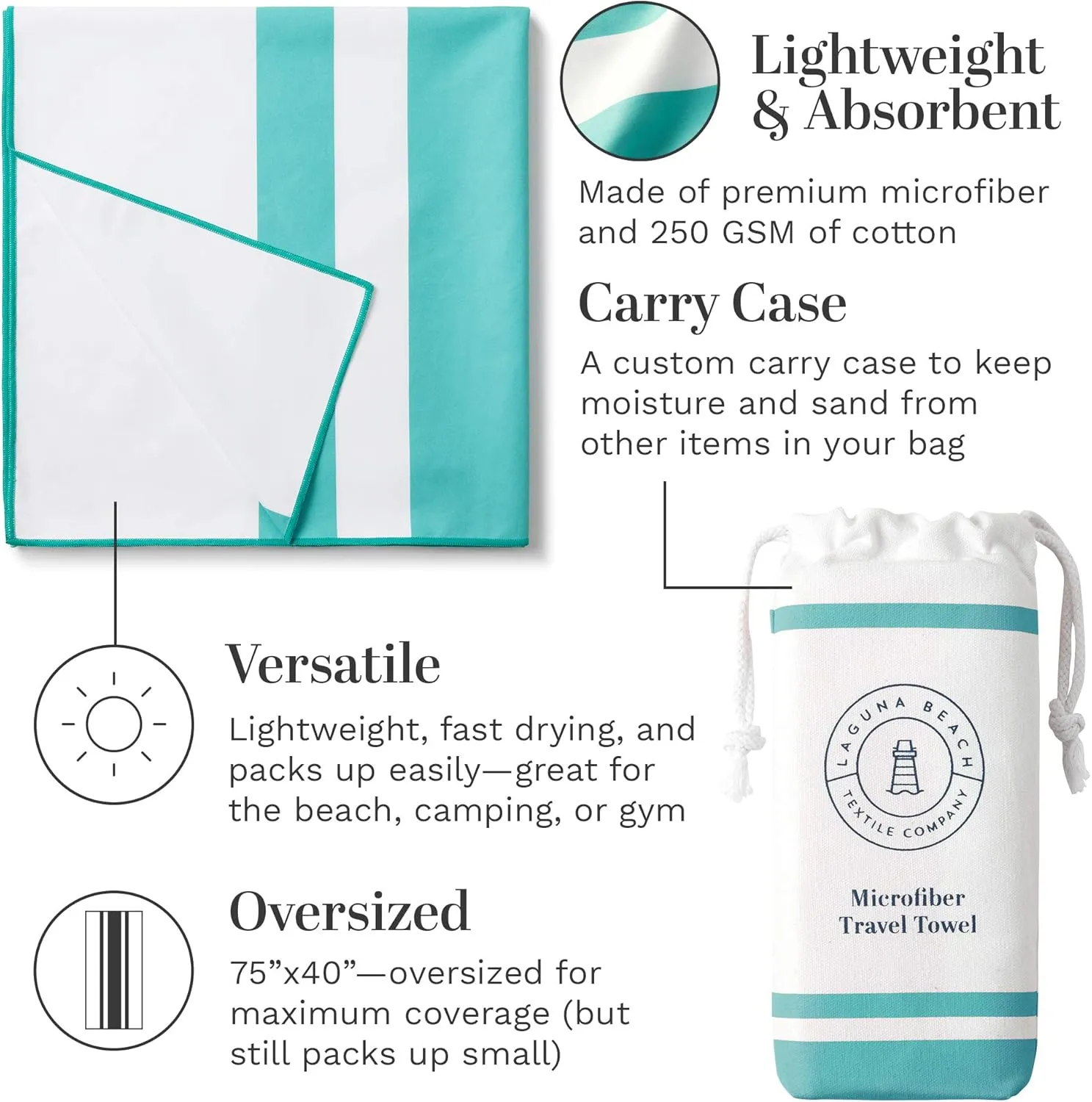 Emerald Microfiber Beach Towel by Laguna Beach Textile Co - Sand Free, Light Weight Striped Pool Towel - Perfect for Yoga, Gym, Beach, Pool - Extra Large, 35" x 75" - Aqua Blue