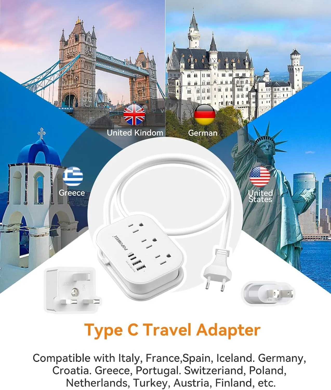 European Plug Adapter,EU/UK/US Travel Power Strip with 3 Outlets & 4 USB Ports(3.4A), International Power Adapter with 3 FT Extension Cord Compact for US to EU UK Germany Italy France Cruise