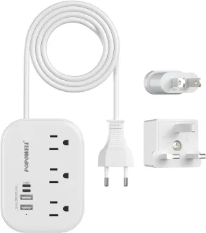 European Plug Adapter,EU/UK/US Travel Power Strip with 3 Outlets & 4 USB Ports(3.4A), International Power Adapter with 3 FT Extension Cord Compact for US to EU UK Germany Italy France Cruise