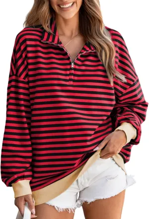 EVALESS Oversized Sweatshirt for Women 2024 Fall Outfits Fashion Long Sleeve Shirts Striped Quarter Zip Pullover Tops