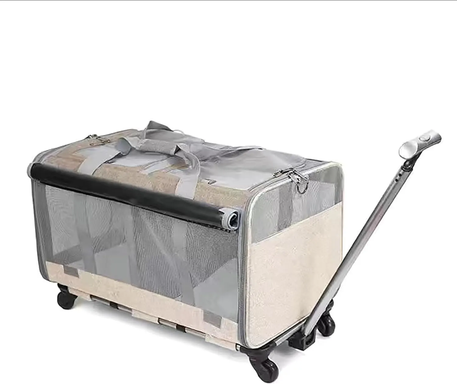 Extra Large Cat Bag Soft Side Wheeled Folding Small and Medium Dog Pet Bag, Two Spaces， with Wheels, Adjustable Dividers and Telescopic Handle, Suitable for Large Cats or Two Kittens (Khaki)