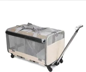 Extra Large Cat Bag Soft Side Wheeled Folding Small and Medium Dog Pet Bag, Two Spaces， with Wheels, Adjustable Dividers and Telescopic Handle, Suitable for Large Cats or Two Kittens (Khaki)