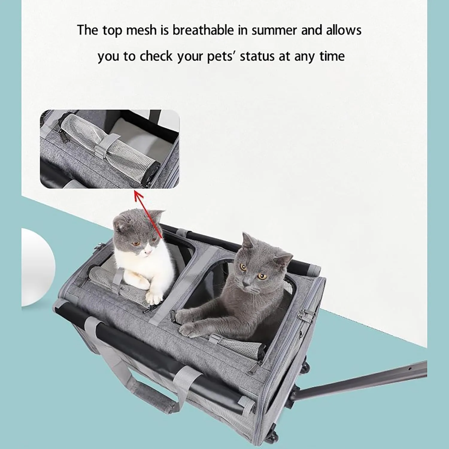 Extra Large Cat Bag Soft Side Wheeled Folding Small and Medium Dog Pet Bag, Two Spaces， with Wheels, Adjustable Dividers and Telescopic Handle, Suitable for Large Cats or Two Kittens (Khaki)