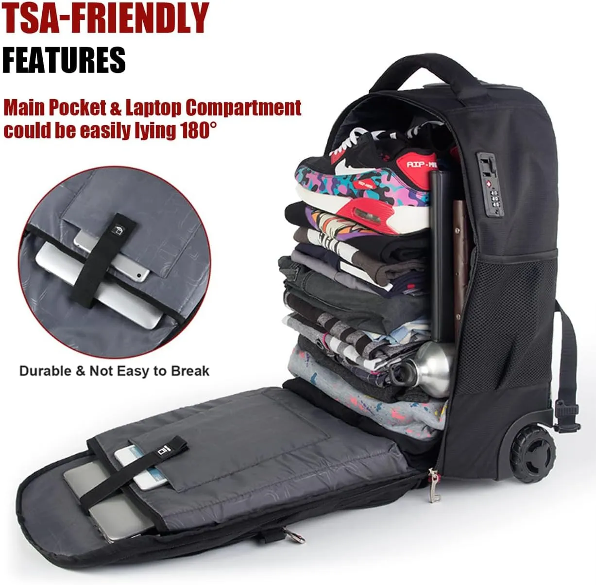 Extra Large Rolling Backpack with Wheels - Water-Resistant, 18" Laptop Compartment, 22.5"x15"x10", 55L Capacity, Ideal Carry-On for Weekend Travel, College, Work - Wheeled Business Backpack for Adults
