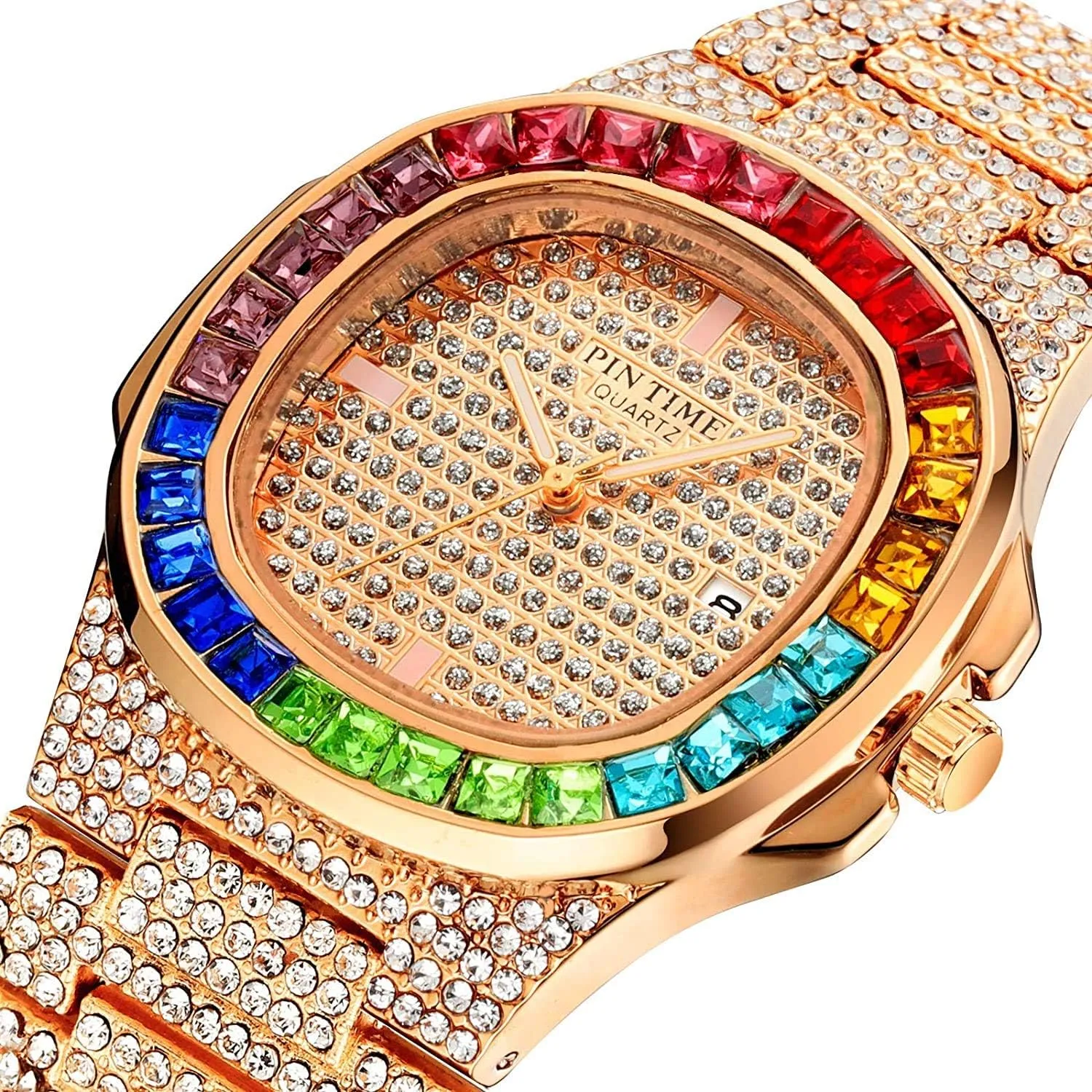 FANMIS Luxury Bling-ed Out Colorful Full Diamond Watches Fashion Quartz Analog Stainless Steel Band Bracelet Wrist Watch