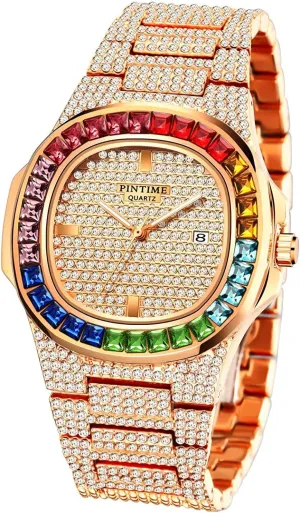 FANMIS Luxury Bling-ed Out Colorful Full Diamond Watches Fashion Quartz Analog Stainless Steel Band Bracelet Wrist Watch