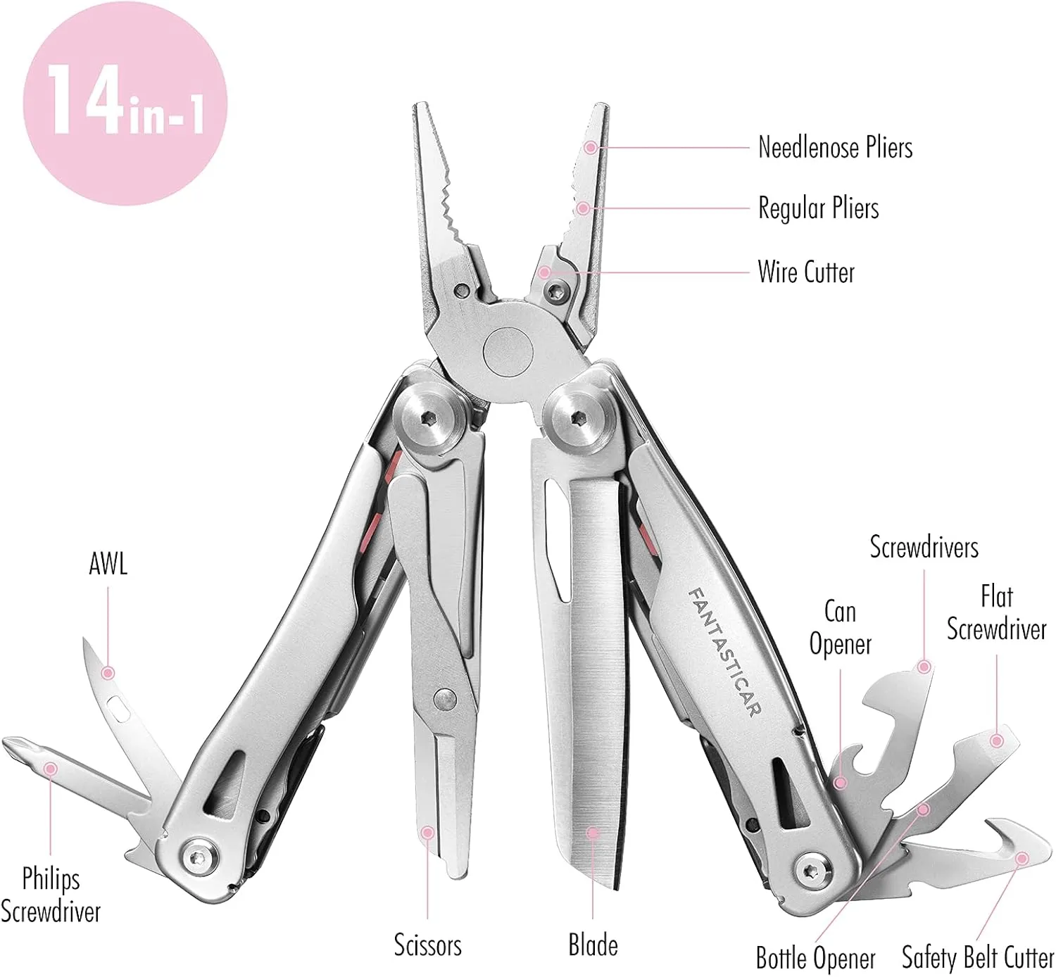 FantastiCAR 14 in 1 Multitool Pliers, Versatile Pocket Knife with Scissors, Knife Blade, Screwdriver, Bottle Opener, and Ideal for House or Camping Essentials, Holiday Gift Packaged (Pink)
