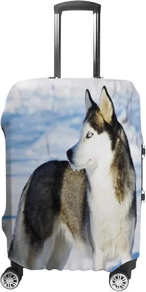 Fashion Suitcase Protector, Alaskan Malamute Elastic Travel Luggage Cover, Chukchi Husky Breed Dog on Snow Rural, Fits 30-32 Inch Luggage, Great For Vacation Travel, Black White Pale Blue