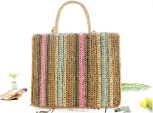 Fashion Women Straw Zipper Tote Bag Summer Beach Colorful Shoulder Bag with Woven Shoulder Strap