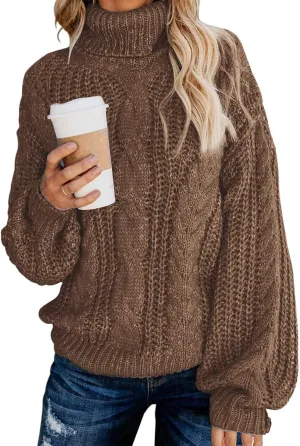 Fashionme Chic Ballon Sleeve Winter Turtleneck Chunky Sweater Slouchy Oversized Loose Pullover Outerwear Warm Thick