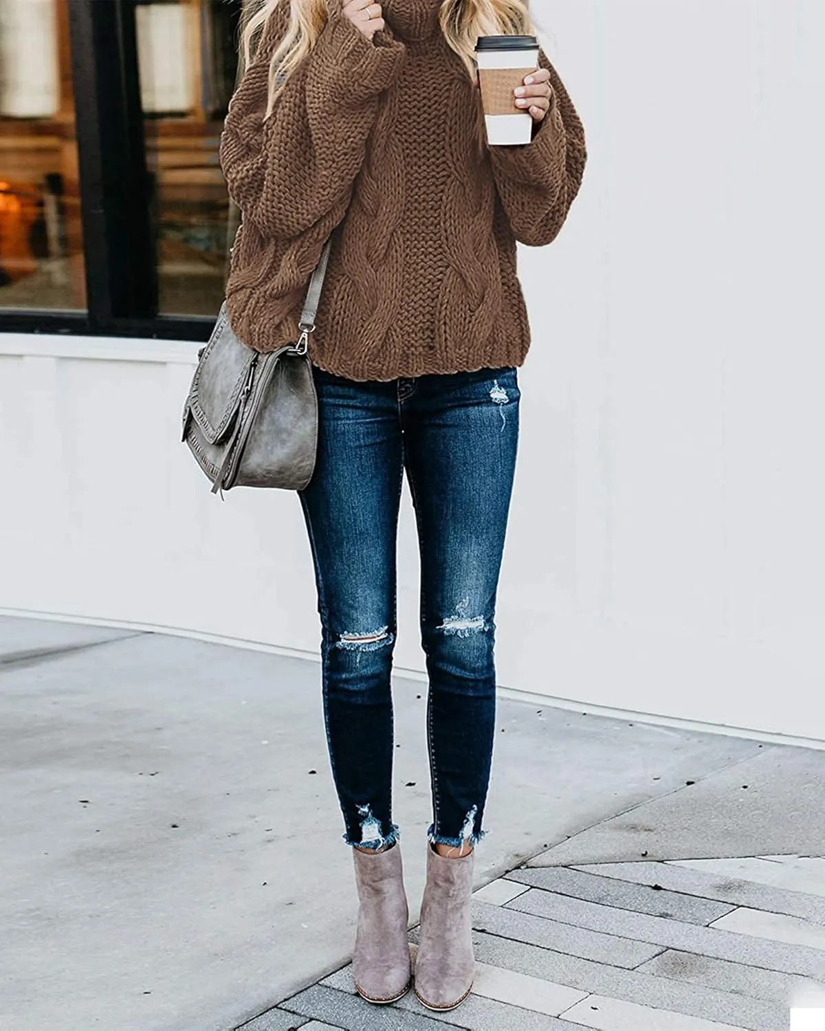 Fashionme Chic Ballon Sleeve Winter Turtleneck Chunky Sweater Slouchy Oversized Loose Pullover Outerwear Warm Thick