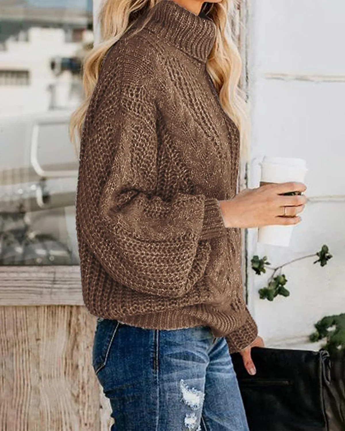 Fashionme Chic Ballon Sleeve Winter Turtleneck Chunky Sweater Slouchy Oversized Loose Pullover Outerwear Warm Thick