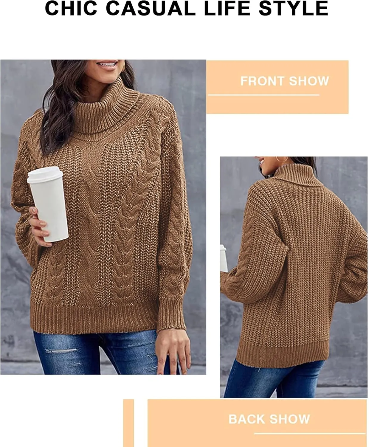 Fashionme Chic Ballon Sleeve Winter Turtleneck Chunky Sweater Slouchy Oversized Loose Pullover Outerwear Warm Thick