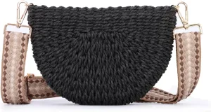 Fecialy Handmade Straw Crossbody Bag for Women Semicircle Woven Handbag Summer Beach Shoulder Bag