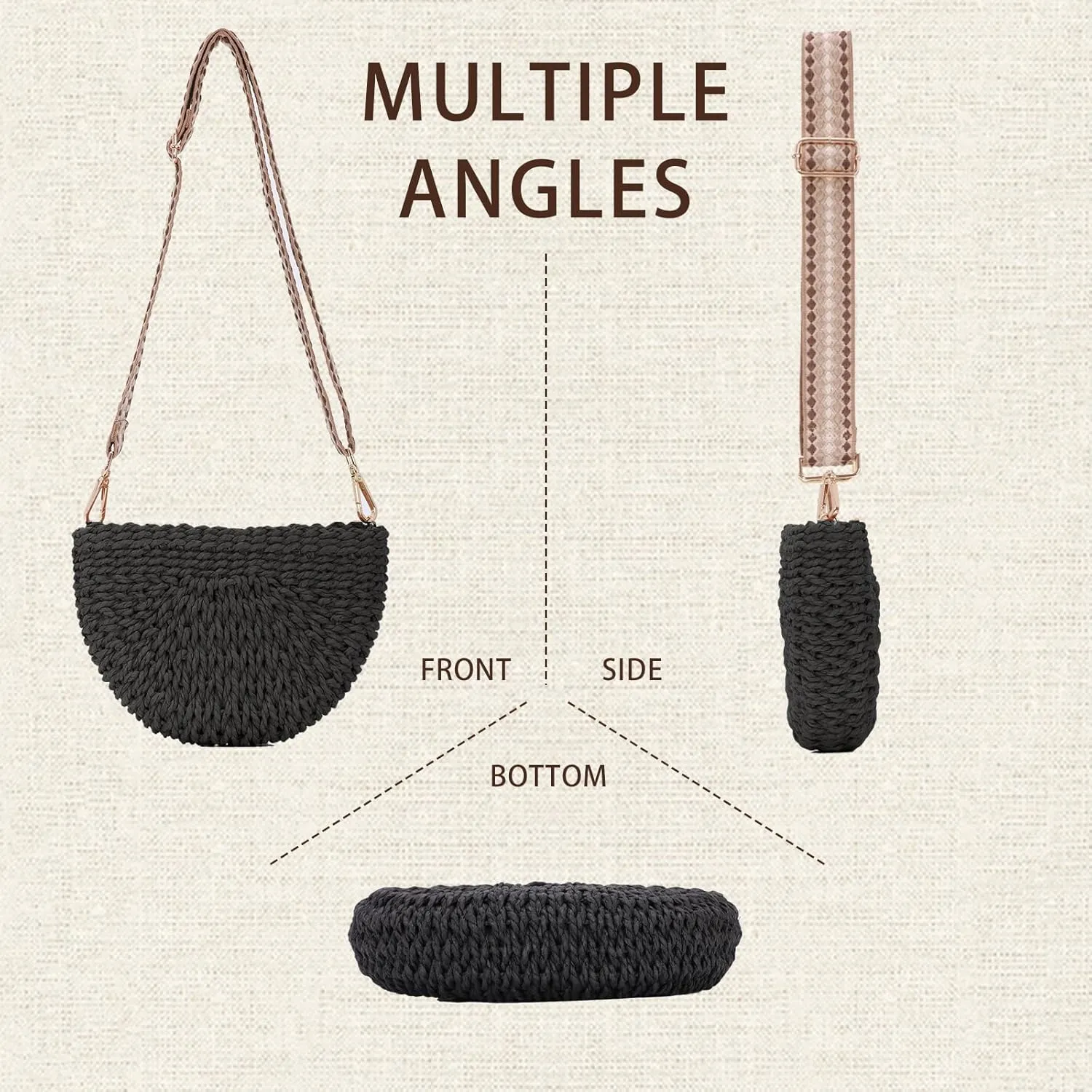 Fecialy Handmade Straw Crossbody Bag for Women Semicircle Woven Handbag Summer Beach Shoulder Bag
