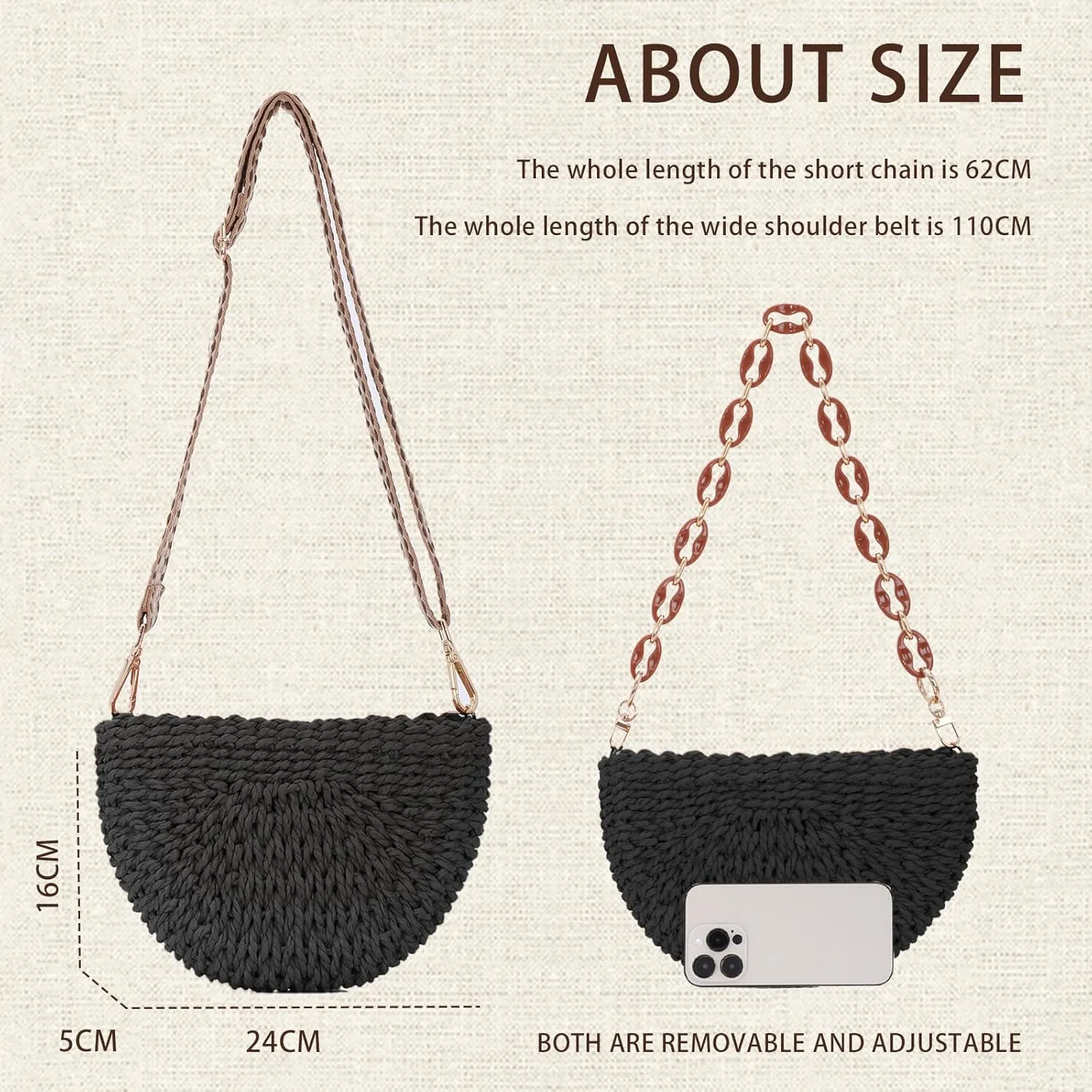Fecialy Handmade Straw Crossbody Bag for Women Semicircle Woven Handbag Summer Beach Shoulder Bag