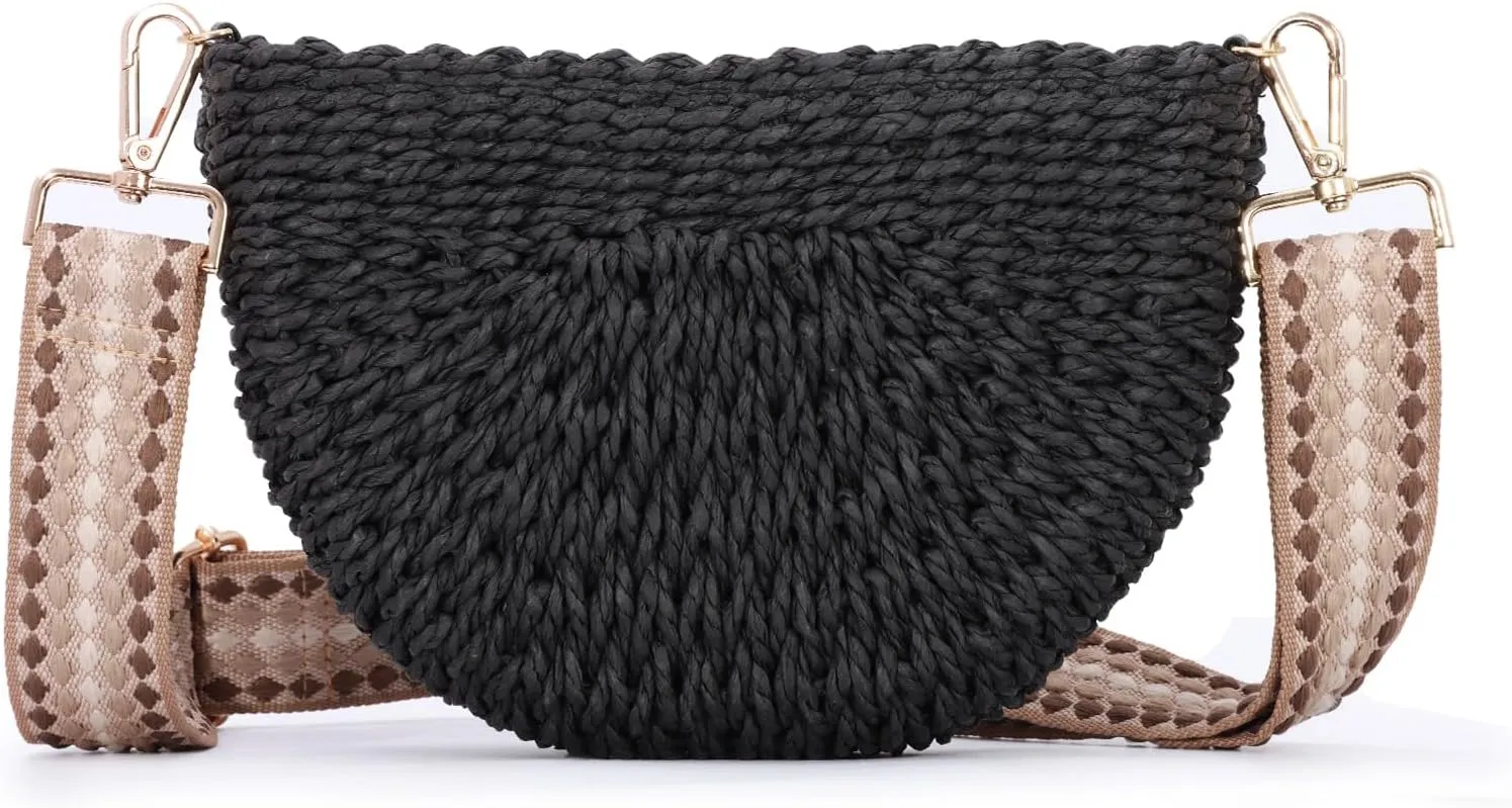 Fecialy Handmade Straw Crossbody Bag for Women Semicircle Woven Handbag Summer Beach Shoulder Bag