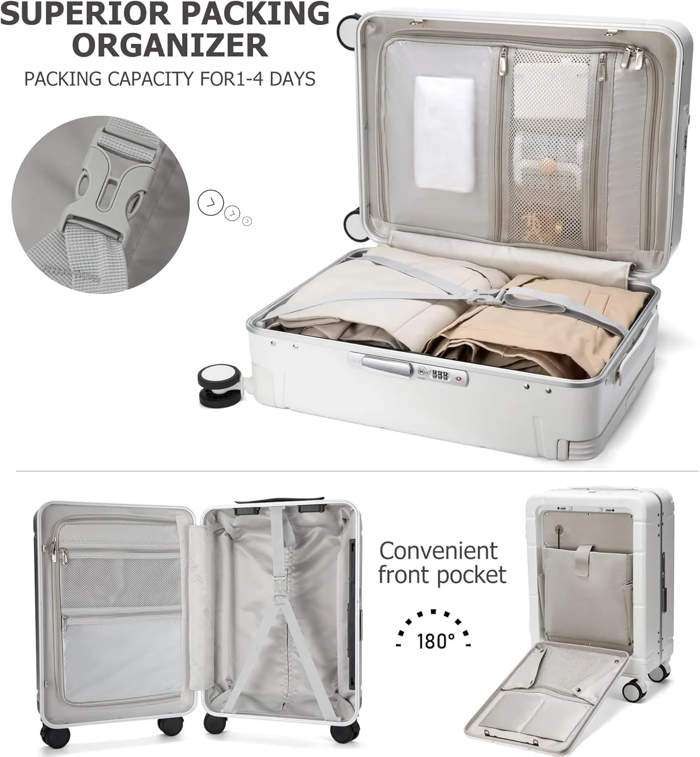 feilario 20in PC Hardside Carry On Luggage - Wide Handle Expandable Spinner Wheels Travel Rolling Suitcase with TSA Lock & Cup Holder