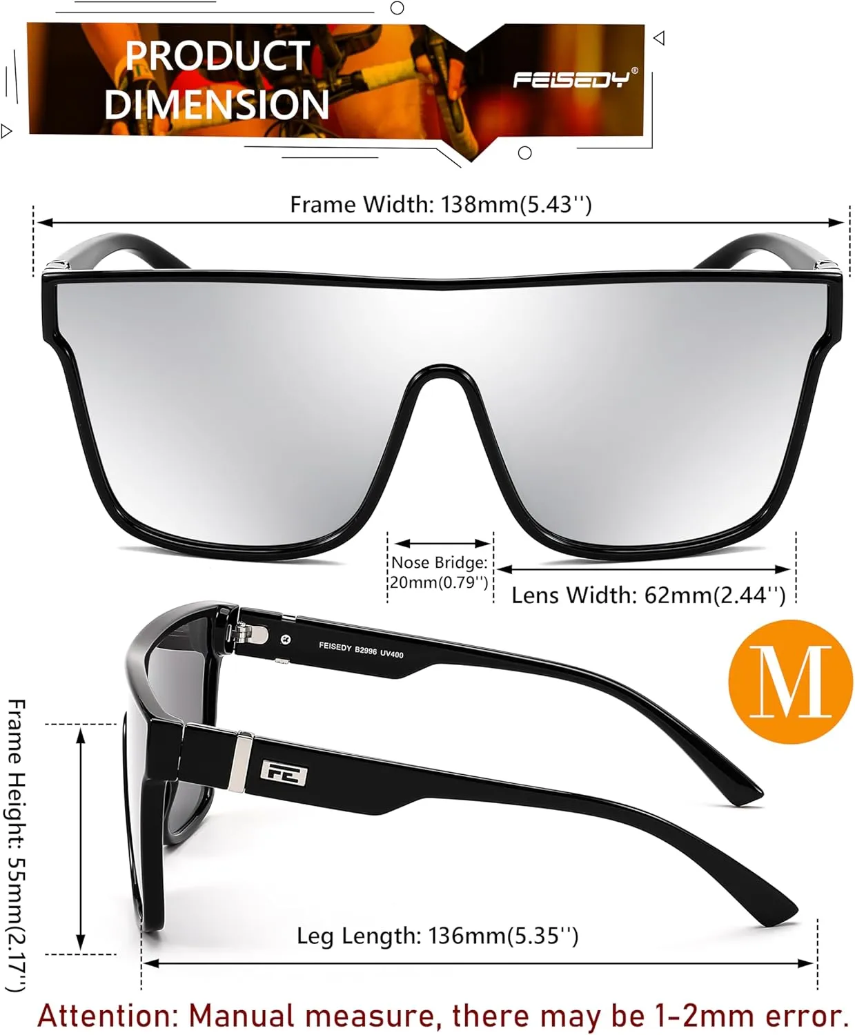 FEISEDY Sunglasses for Women Men, Fashion Mirrored Single Lens, Driving Beach Sunnies UV400 Shades B2996