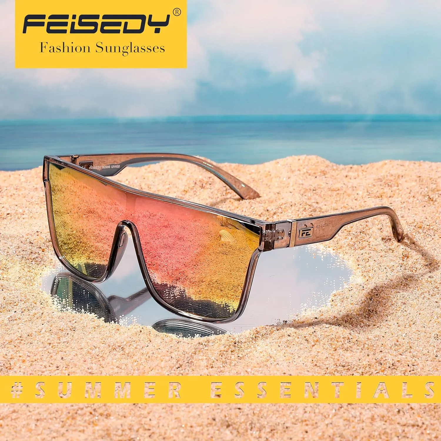 FEISEDY Sunglasses for Women Men, Fashion Mirrored Single Lens, Driving Beach Sunnies UV400 Shades B2996