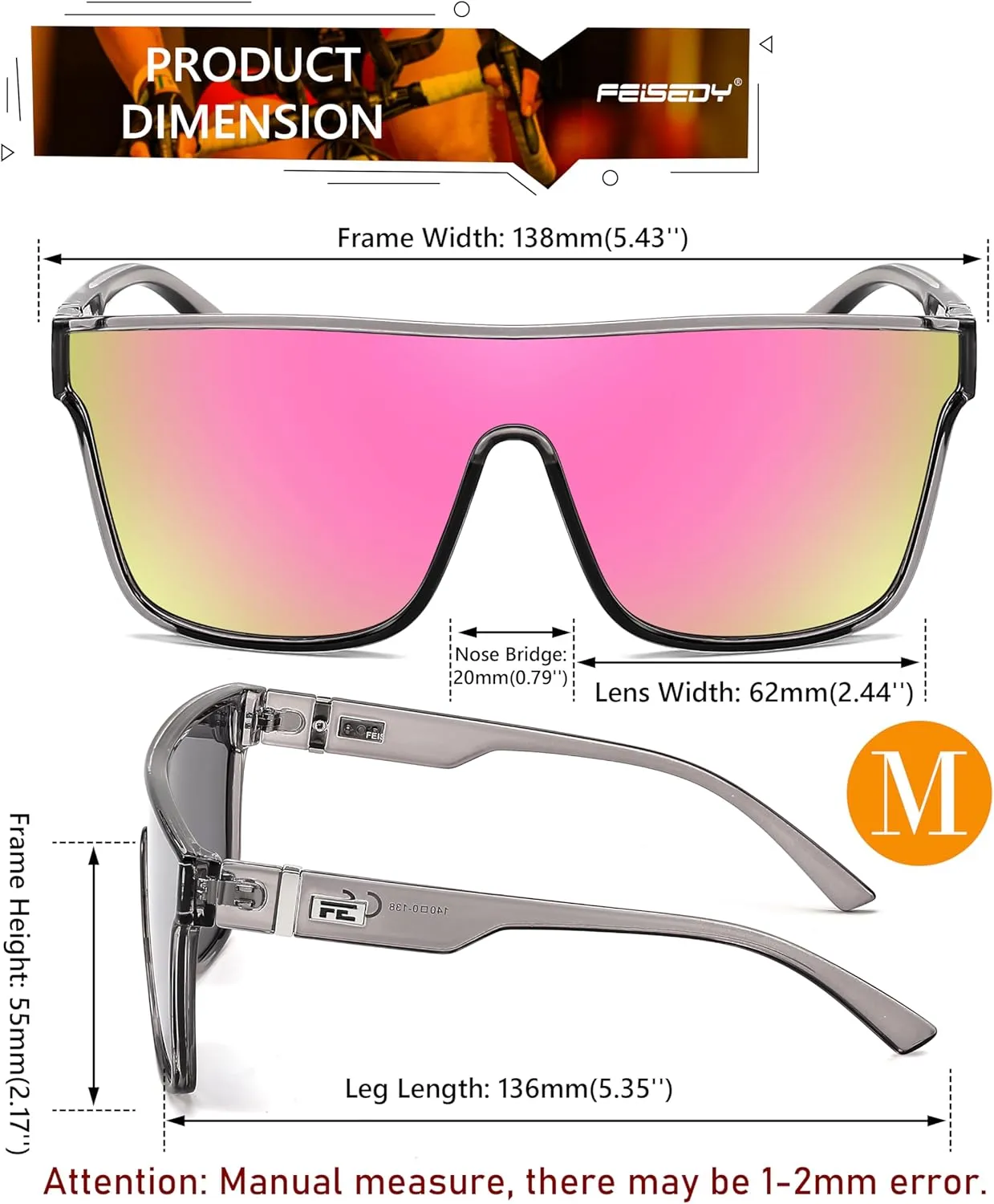 FEISEDY Sunglasses for Women Men, Fashion Mirrored Single Lens, Driving Beach Sunnies UV400 Shades B2996