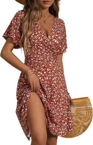 FENSACE Womens Sundress Summer Floral Short Sleeve Wrap V Neck A-Line Midi Dress