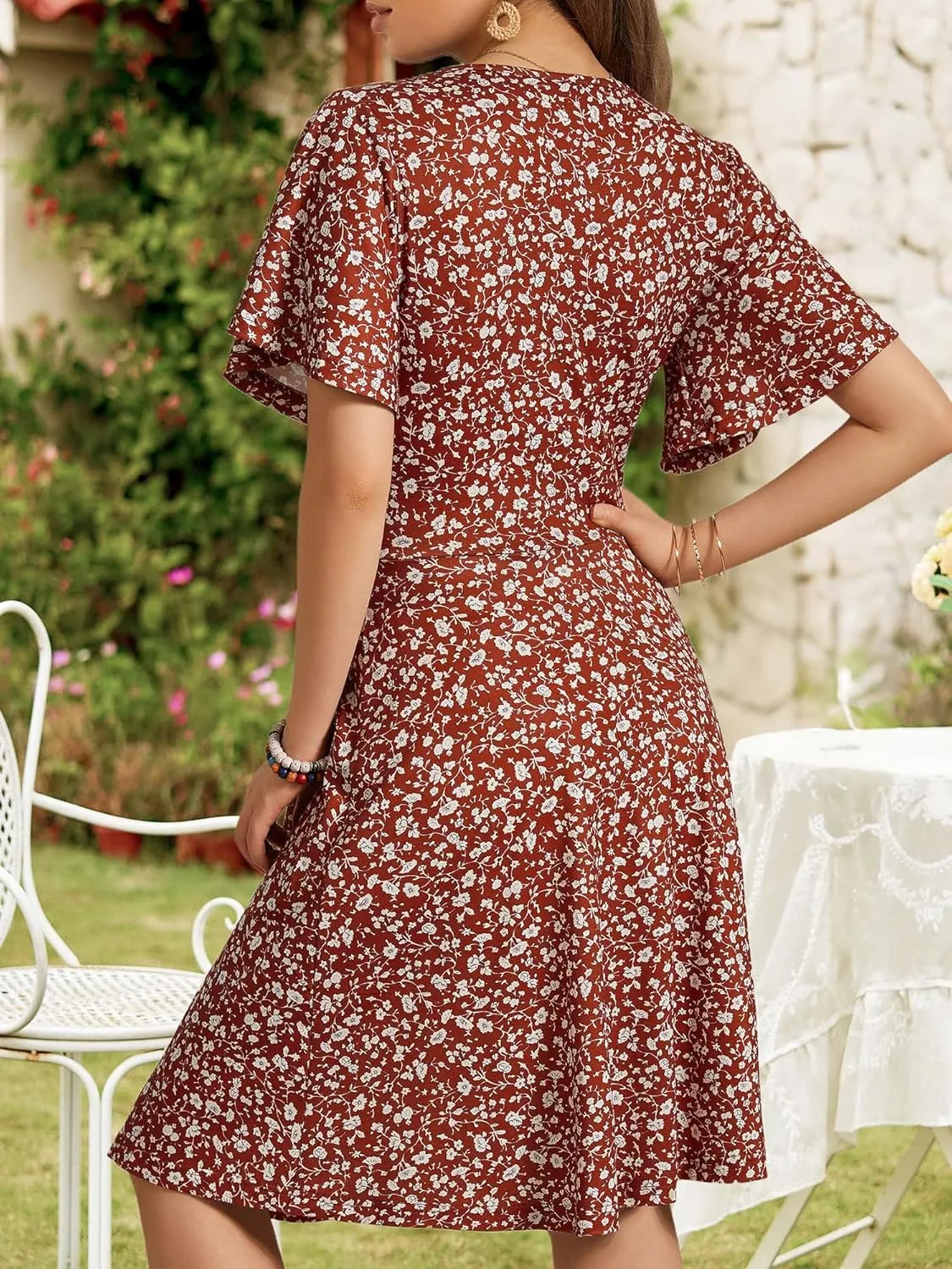 FENSACE Womens Sundress Summer Floral Short Sleeve Wrap V Neck A-Line Midi Dress