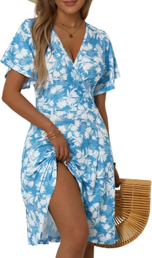 FENSACE Womens Sundress Summer Floral Short Sleeve Wrap V Neck A-Line Midi Dress