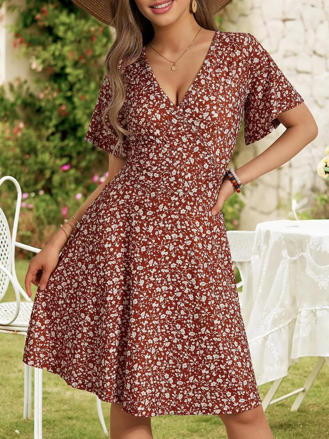 FENSACE Womens Sundress Summer Floral Short Sleeve Wrap V Neck A-Line Midi Dress