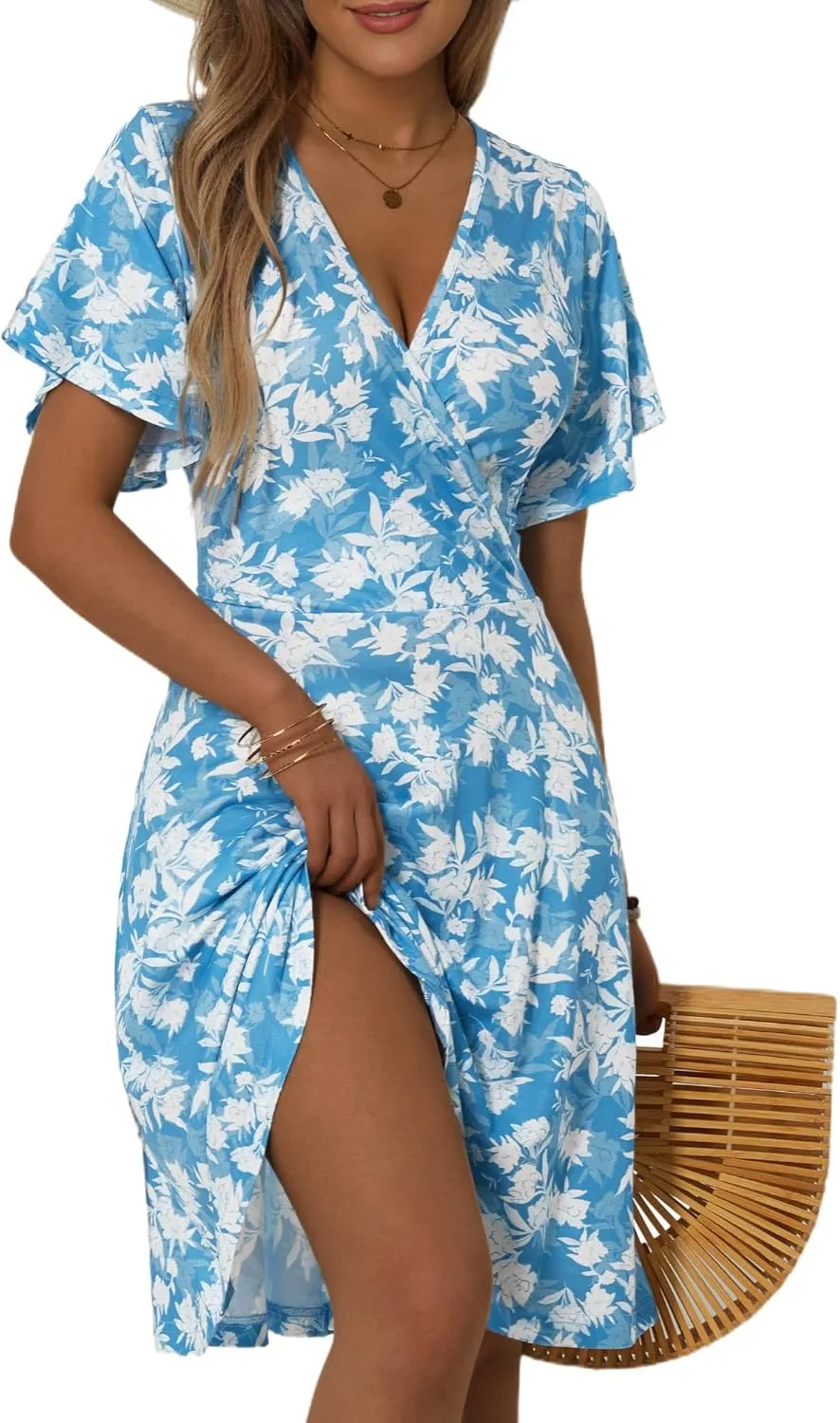 FENSACE Womens Sundress Summer Floral Short Sleeve Wrap V Neck A-Line Midi Dress